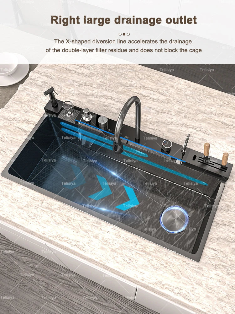 Lavello Cucina Acciaio Inox con Cascata e Display Digitale - Vasca Singola Extra Large Multifunzione