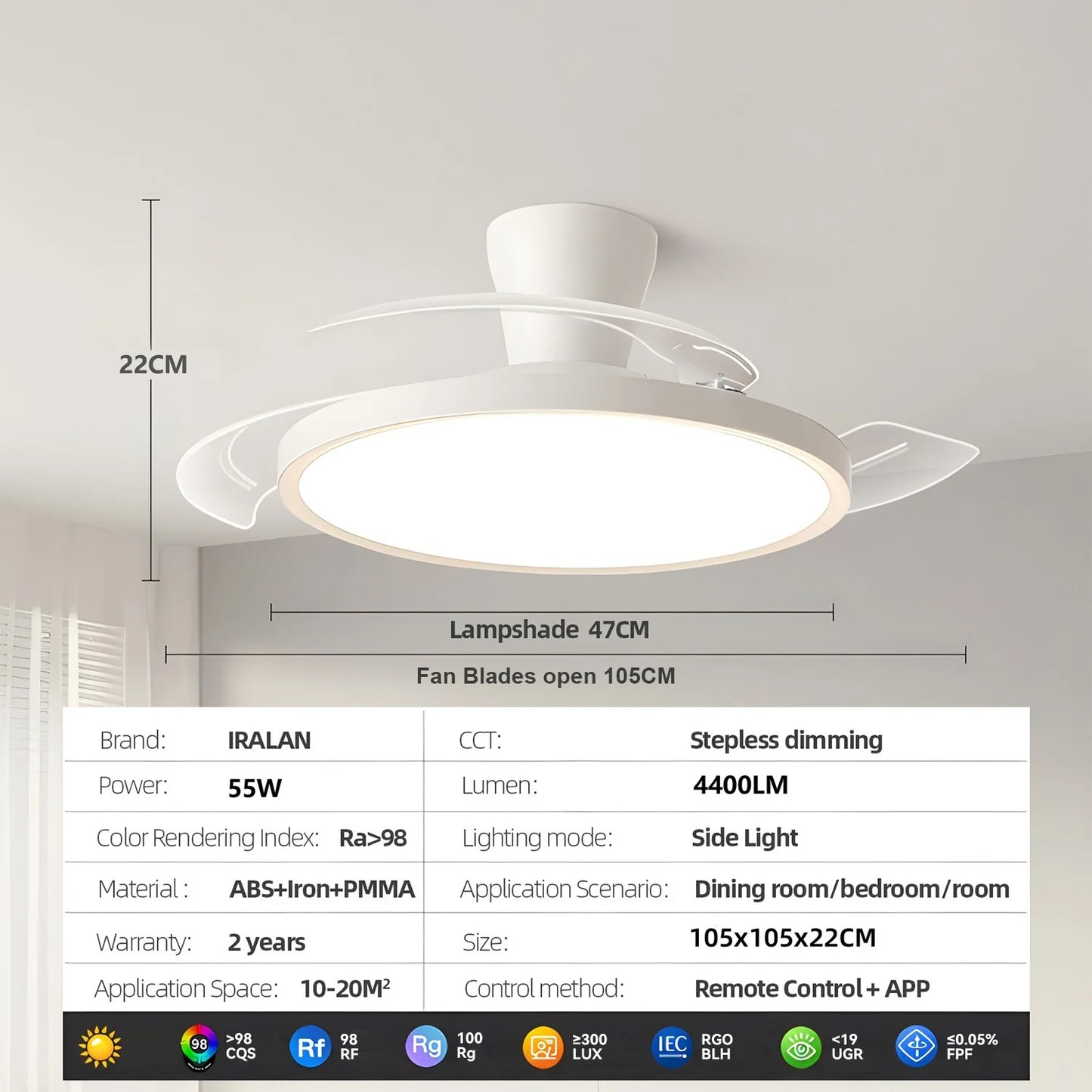 Ventilatore da Soffitto Smart con Pale Retrattili - Luce LED Dimmerabile, Controllo Remoto, Design Moderno per Soggiorno