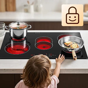 Piano Cottura Elettrico KICHPOWER 77cm 5 Zone in Vetroceramica 8500W con Controllo Touch e Blocco Sicurezza