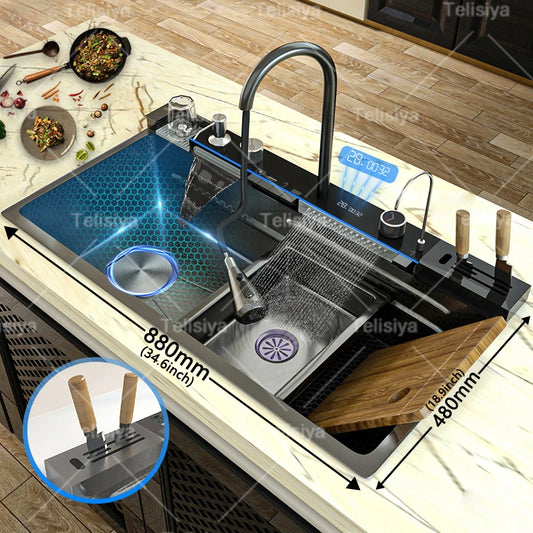 Lavello Cucina Acciaio Inox con Cascata e Display Digitale - Vasca Singola Extra Large Multifunzione