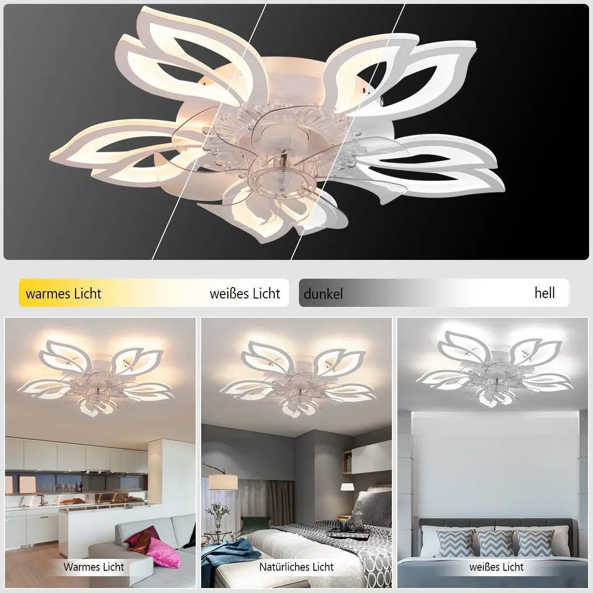 Ventilatore da Soffitto con Luce LED 85W - Design Floreale Silenzioso con Telecomando