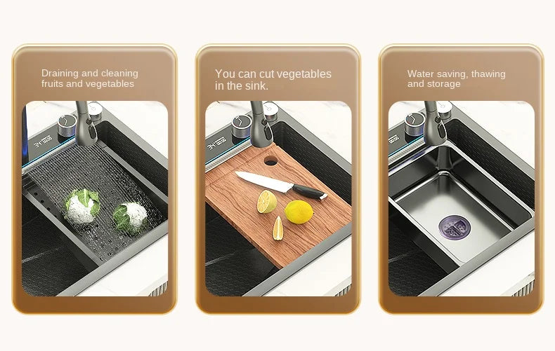 Lavello Cucina Acciaio Inox 304 Nano Black con Rubinetto Digitale a Cascata