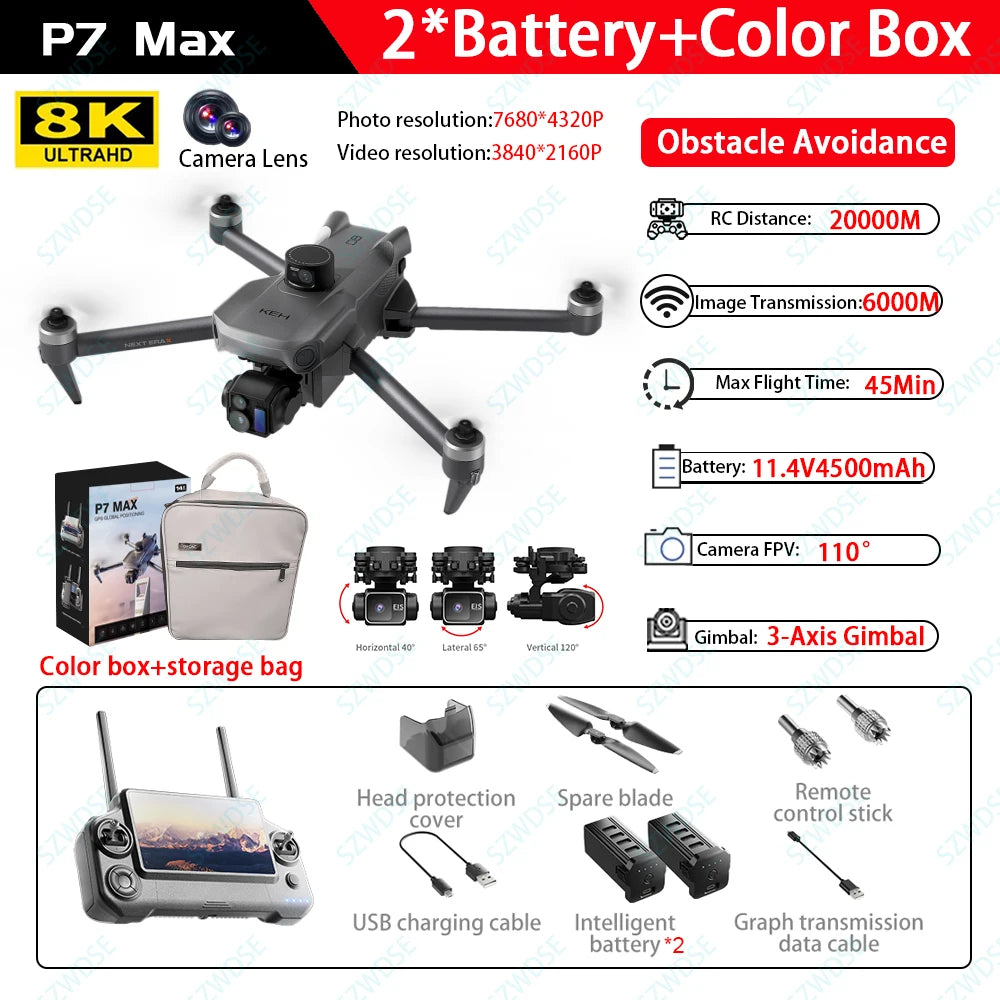 Drone GPS Professionale P7 MAX 8K - Trasmissione 20km, Radiocomando con Schermo, Brushless