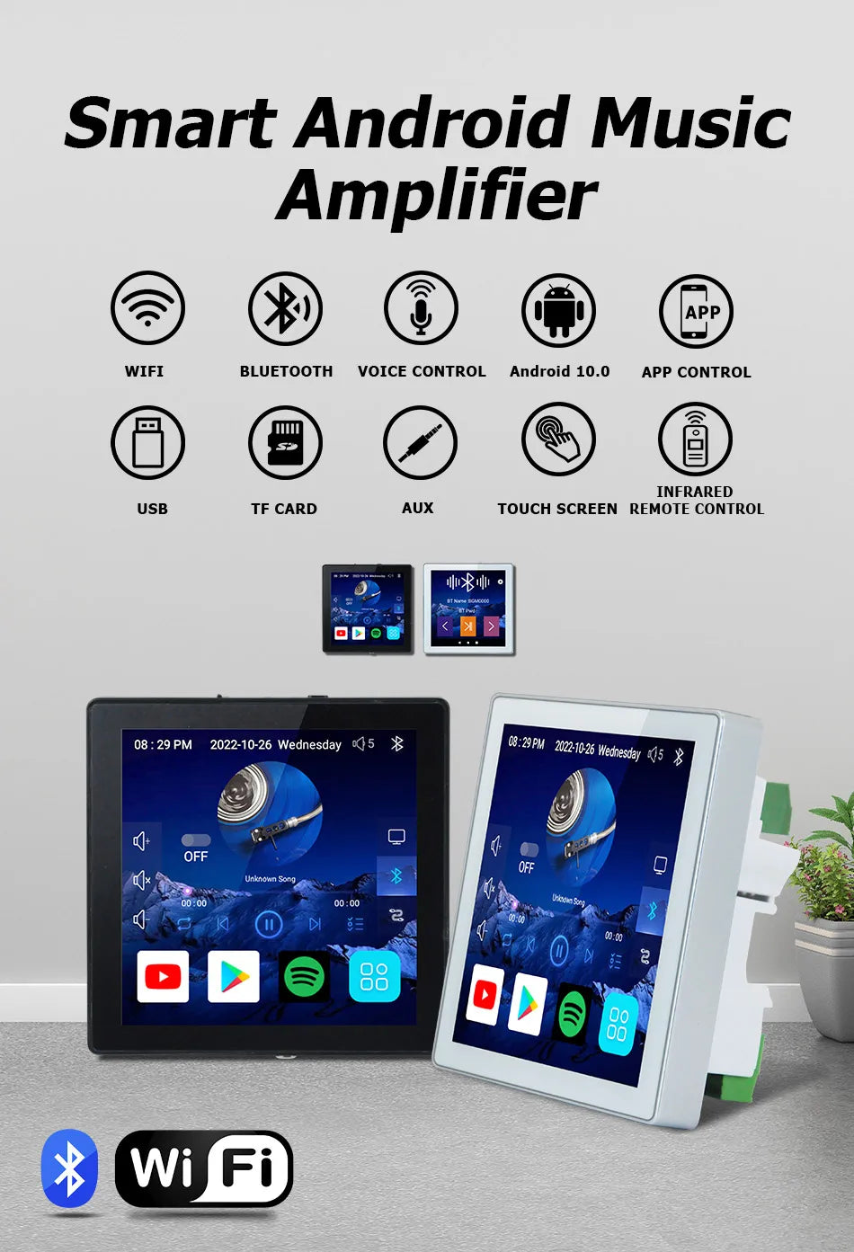 Amplificatore Home Theater WiFi Bluetooth Android 10.0 - Touch Screen 4", Controllo Vocale, 4 Canali