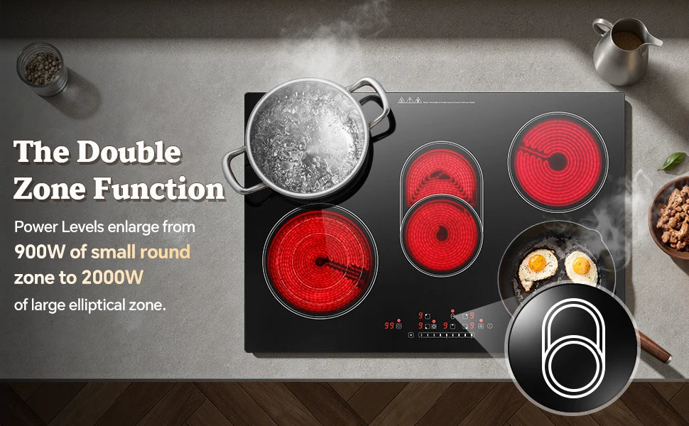 Piano Cottura Elettrico KICHPOWER 77cm 5 Zone in Vetroceramica 8500W con Controllo Touch e Blocco Sicurezza