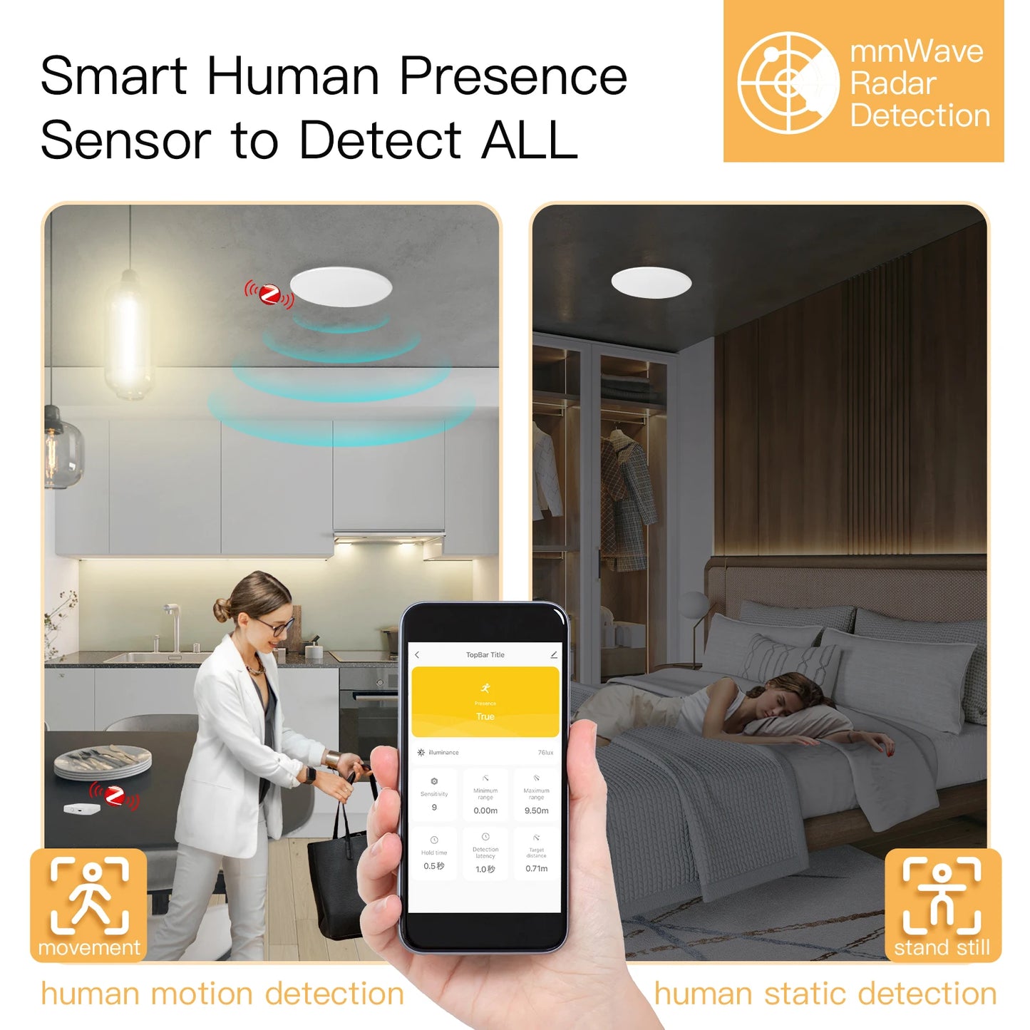 Sensore di Presenza Umana Smart Radar mmWave Zigbee/WiFi con Rilevamento Luminosità Tuya