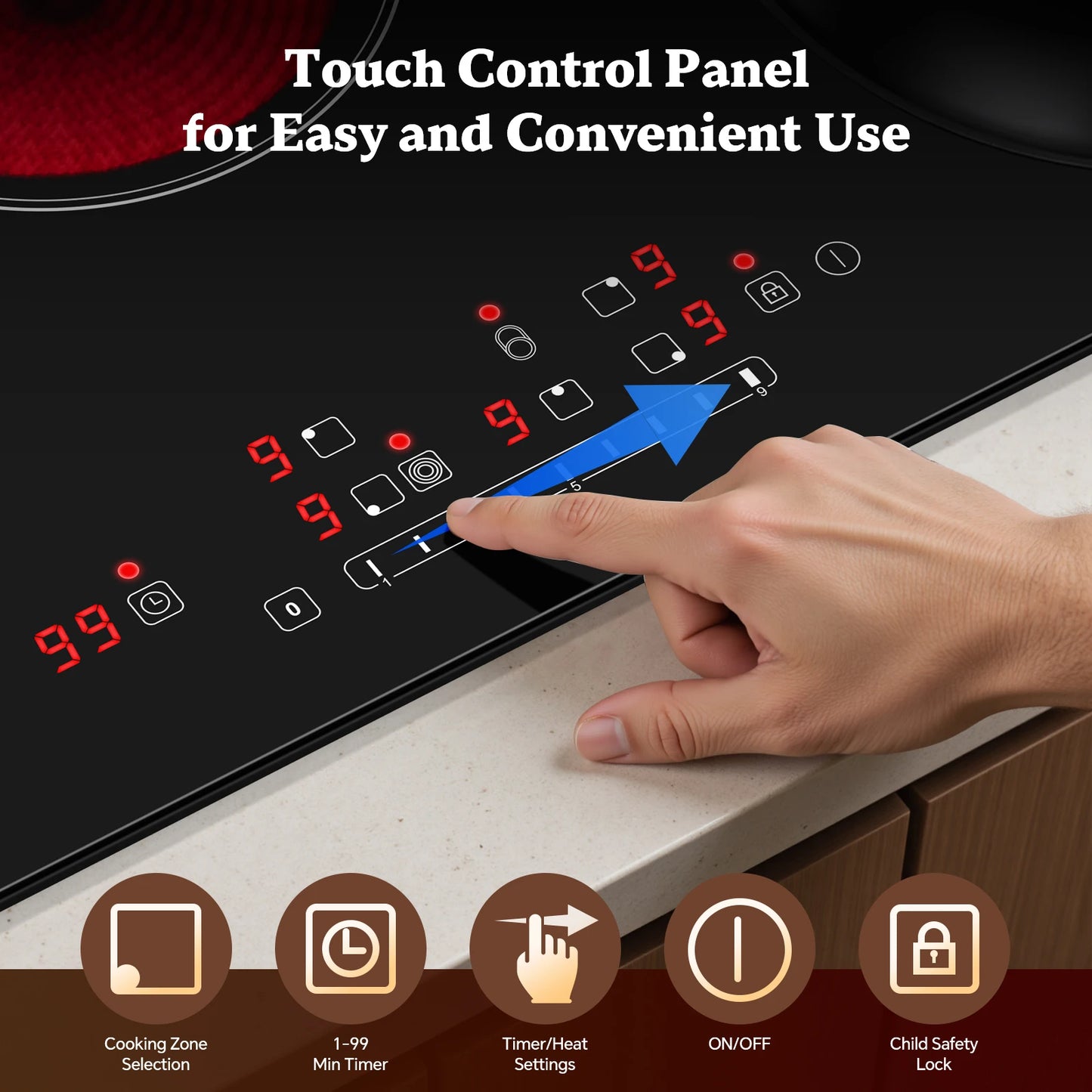 Piano Cottura Elettrico KICHPOWER 77cm 5 Zone in Vetroceramica 8500W con Controllo Touch e Blocco Sicurezza