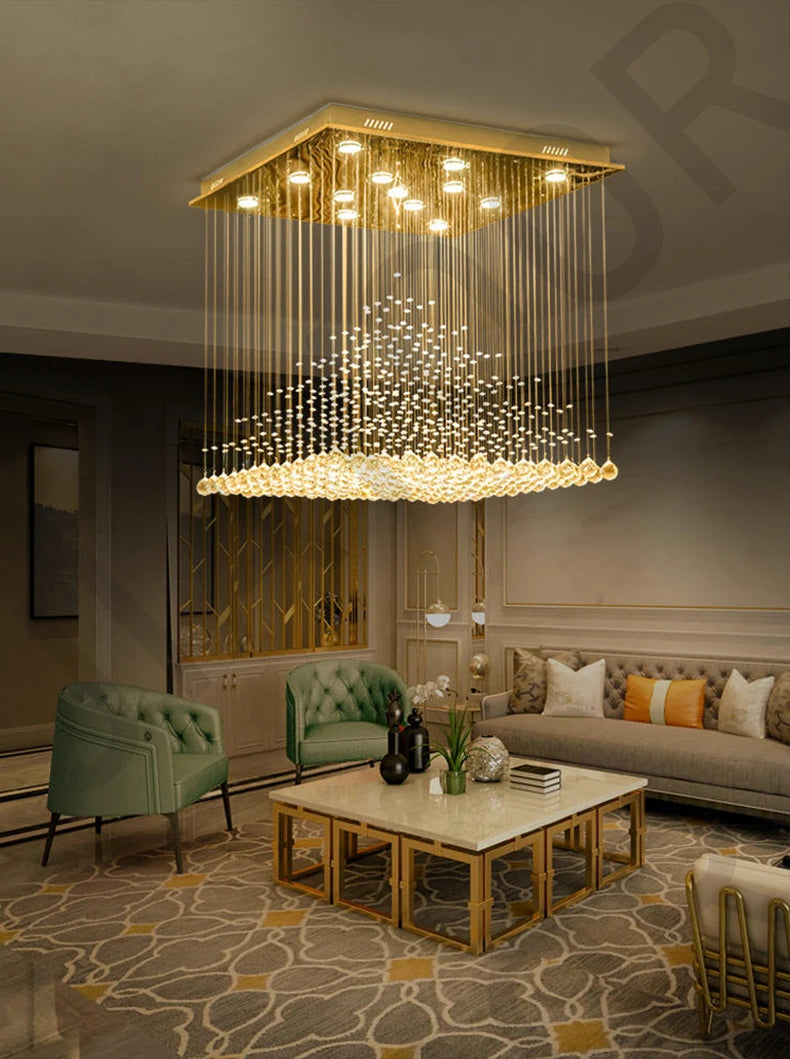 Lampadario Quadrato in Cristallo K9 con Sfere Pendenti LED e Effetto Cascata di Gocce