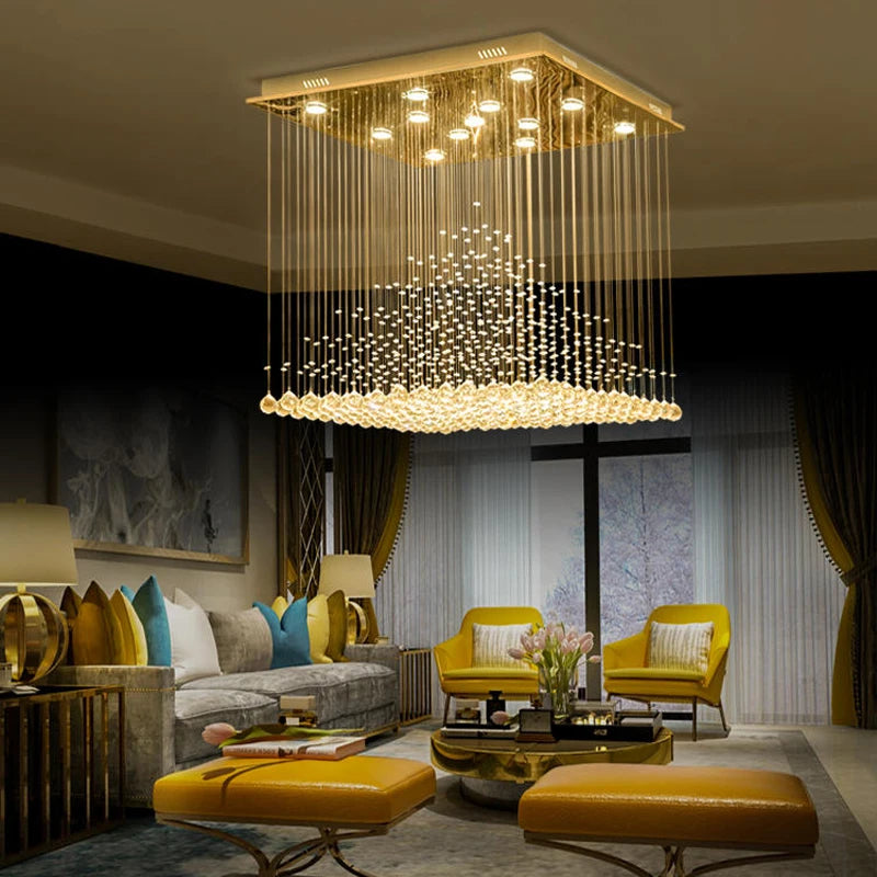 Lampadario Quadrato in Cristallo K9 con Sfere Pendenti LED e Effetto Cascata di Gocce