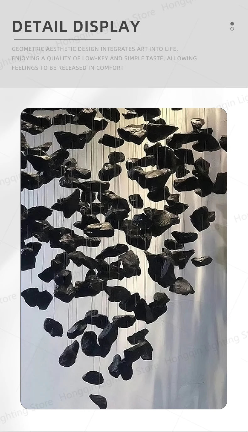 Lampadario Artistico Irregolare con Pietre e Cristalli LED per Hotel, Lobby e Scale - Design Black Art