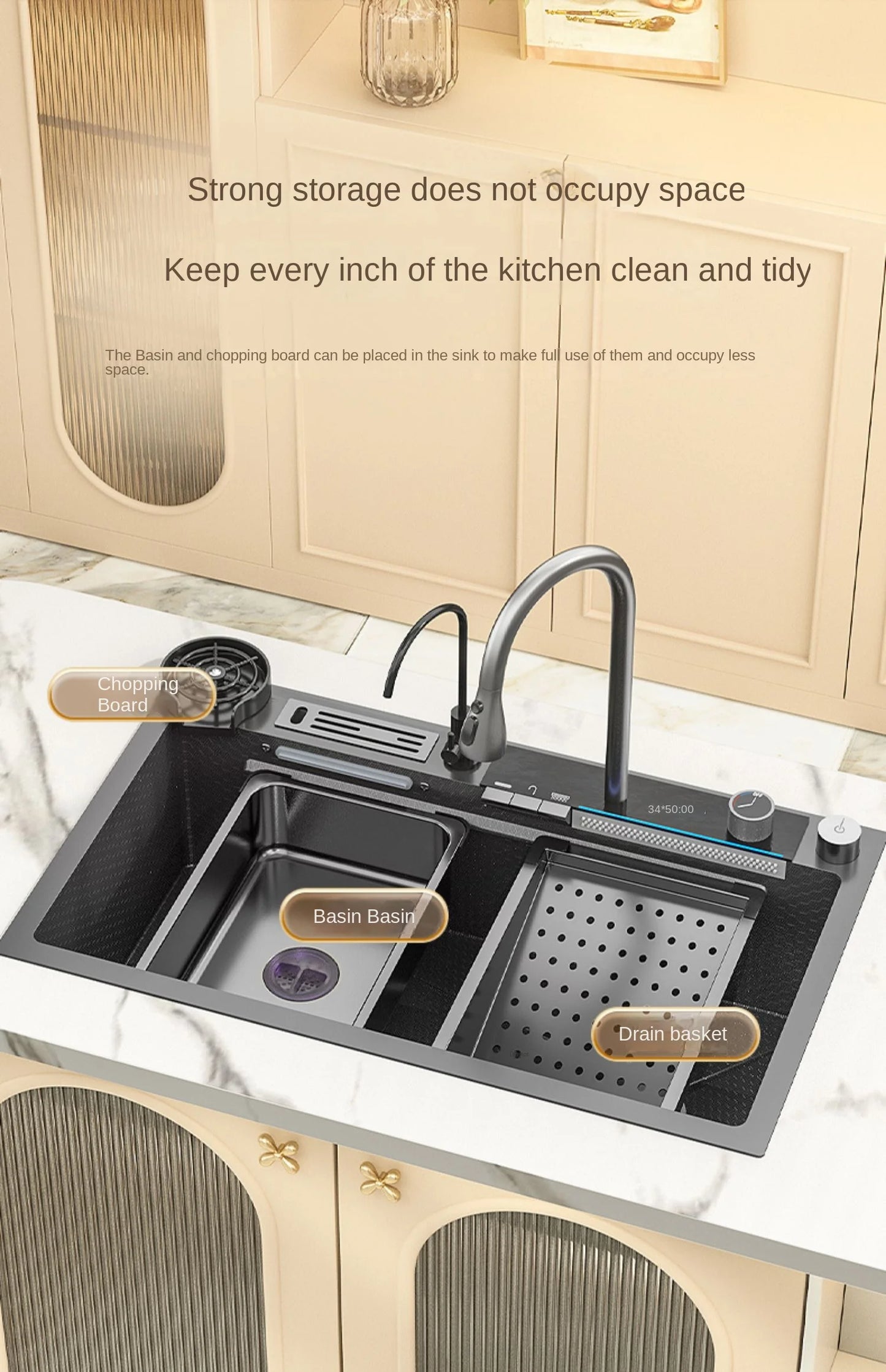 Lavello Cucina Acciaio Inox 304 Nano Black con Rubinetto Digitale a Cascata