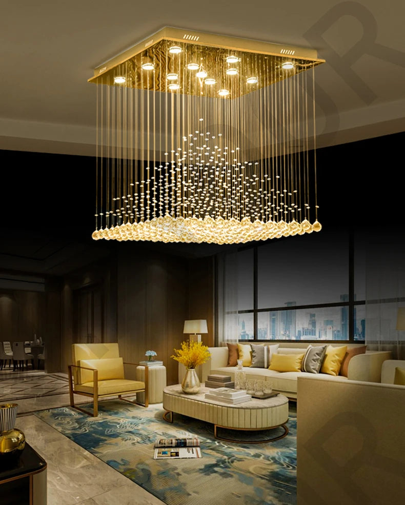 Lampadario Quadrato in Cristallo K9 con Sfere Pendenti LED e Effetto Cascata di Gocce