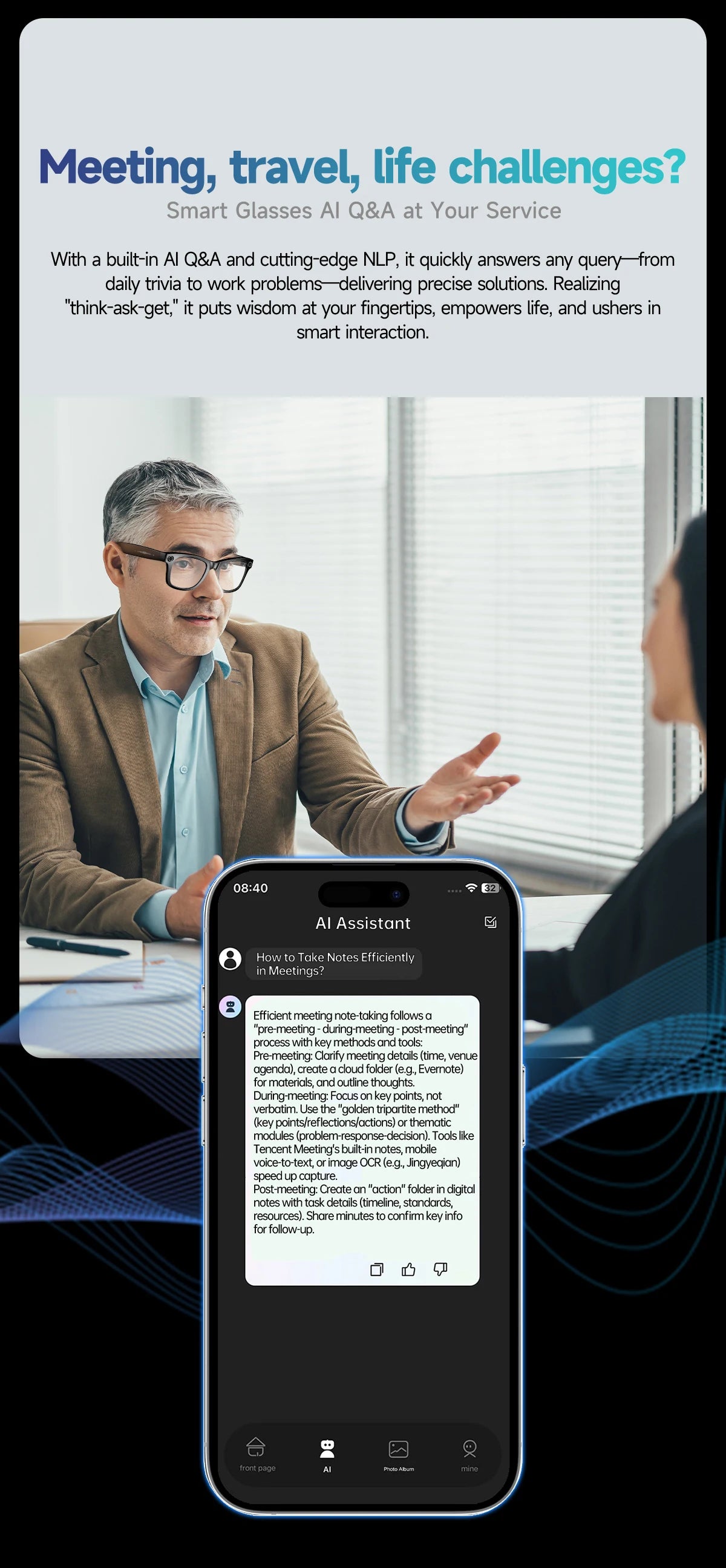 Occhiali Smart AI con Fotocamera 8MP - Traduzione 100+ Lingue, Bluetooth, Registrazione Video