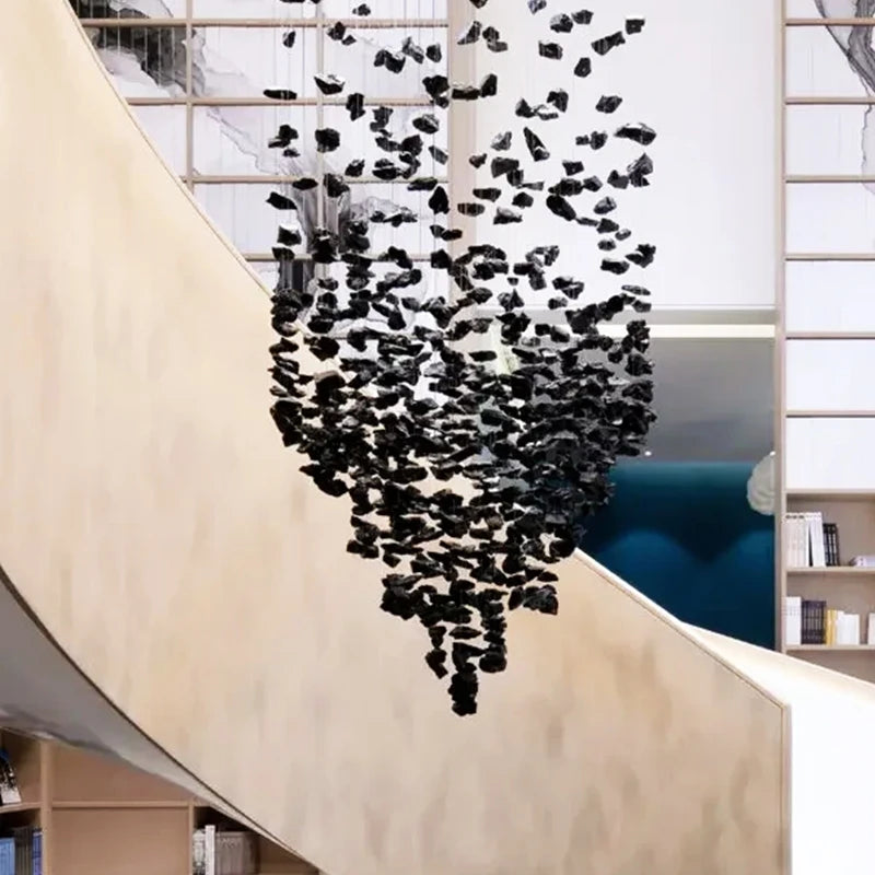 Lampadario Artistico Irregolare con Pietre e Cristalli LED per Hotel, Lobby e Scale - Design Black Art