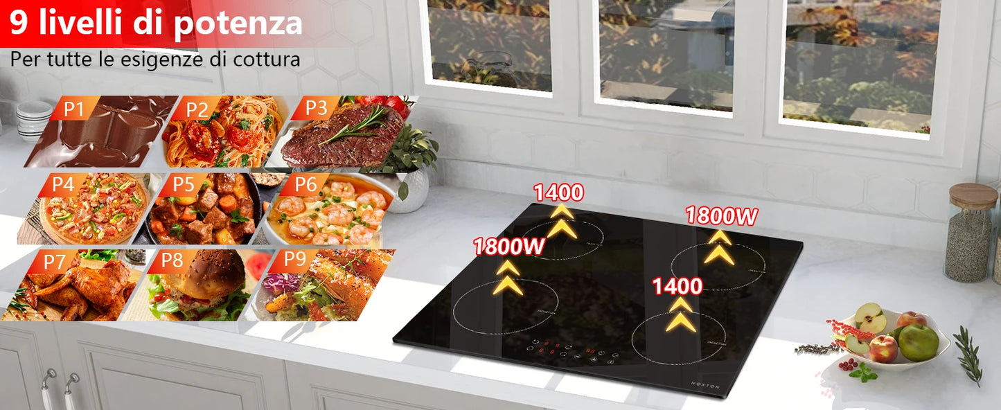Piano Cottura a Induzione NOXTON 60cm 4 Zone Touch con Timer e Blocco Sicurezza
