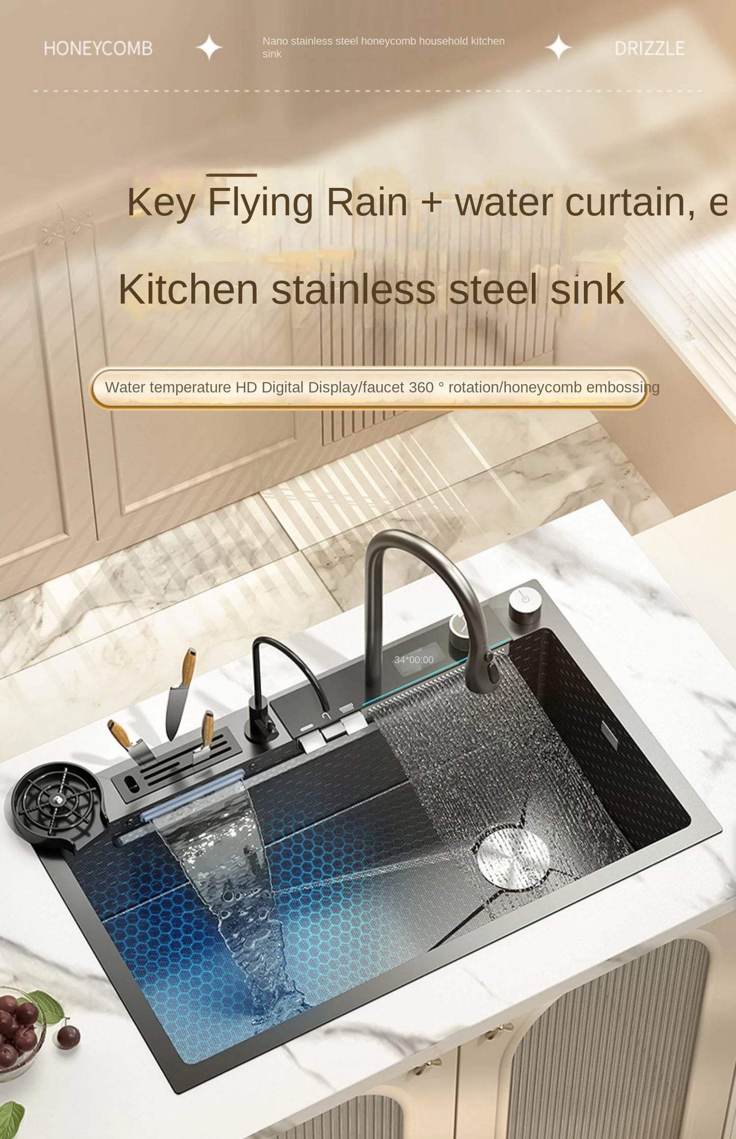 Lavello Cucina Acciaio Inox 304 Nano Black con Rubinetto Digitale a Cascata