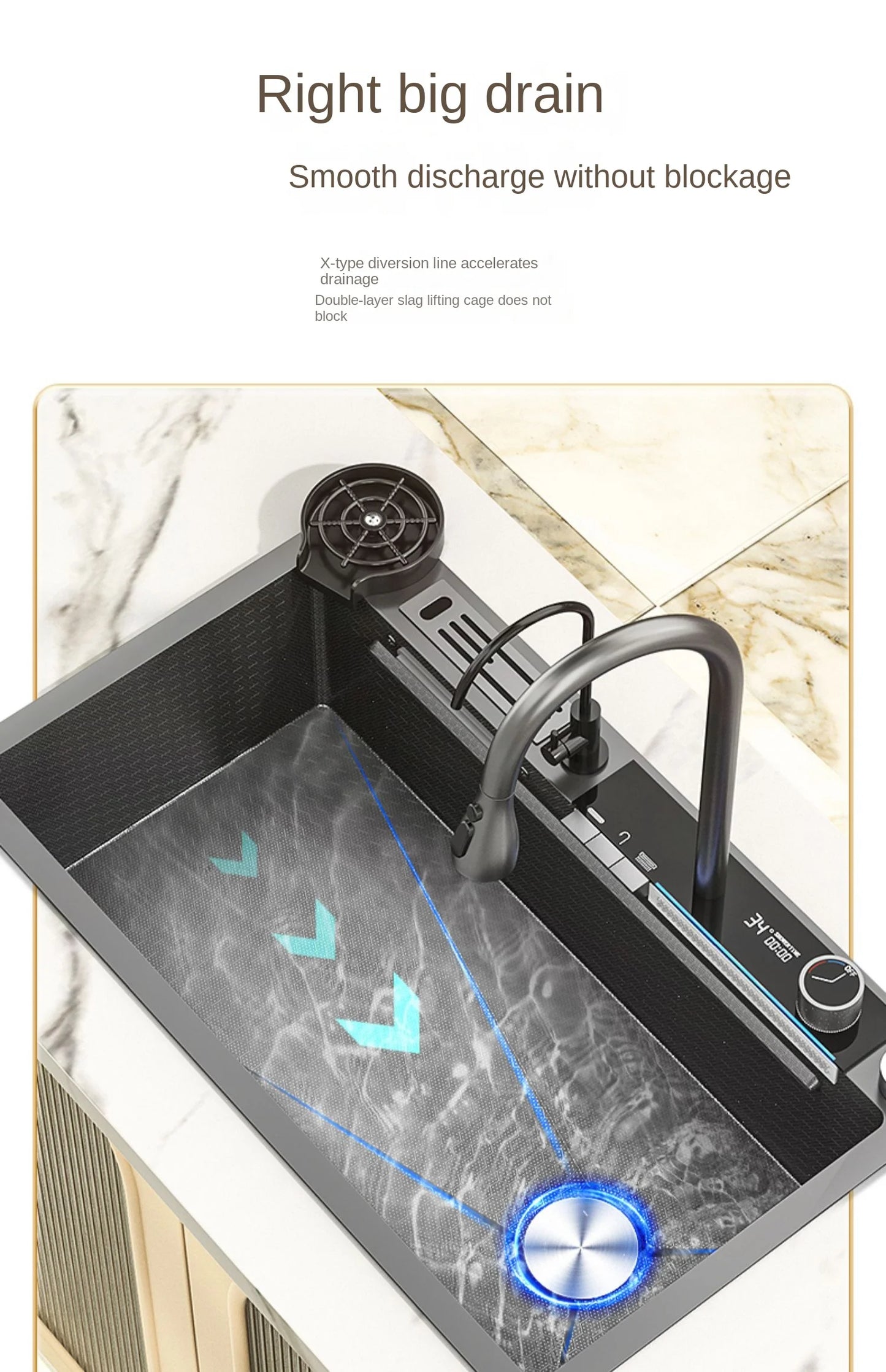 Lavello Cucina Acciaio Inox 304 Nano Black con Rubinetto Digitale a Cascata