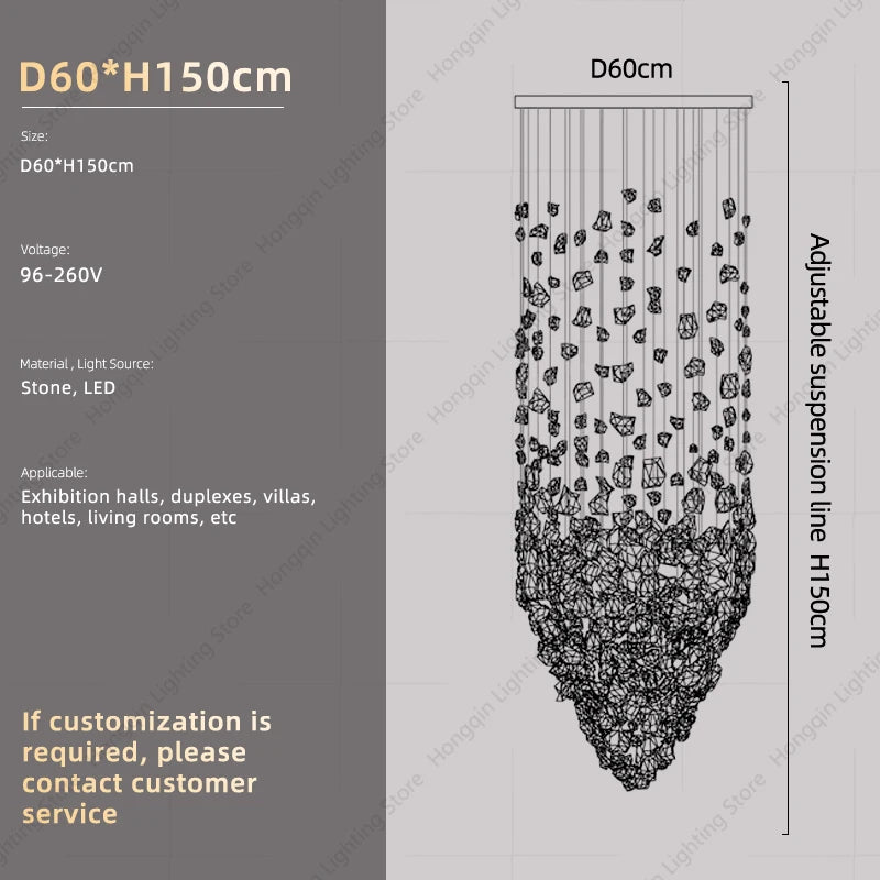 Lampadario Artistico Irregolare con Pietre e Cristalli LED per Hotel, Lobby e Scale - Design Black Art