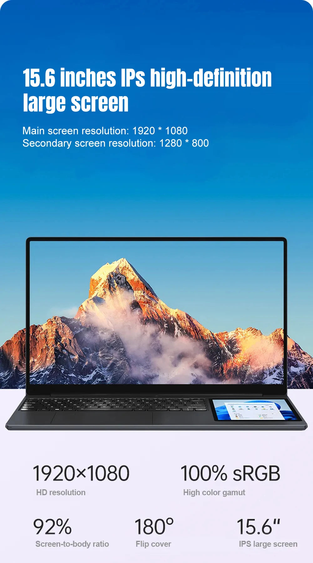 Laptop Dual Screen 15.6" + 7" Touch | Intel N100 | 32GB RAM | 1TB SSD | Tastiera Retroilluminata | Windows 11