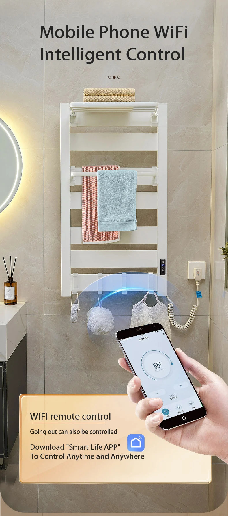 Scaldasalviette Elettrico Smart WiFi - Termoarredo da Parete per Bagno e Cucina