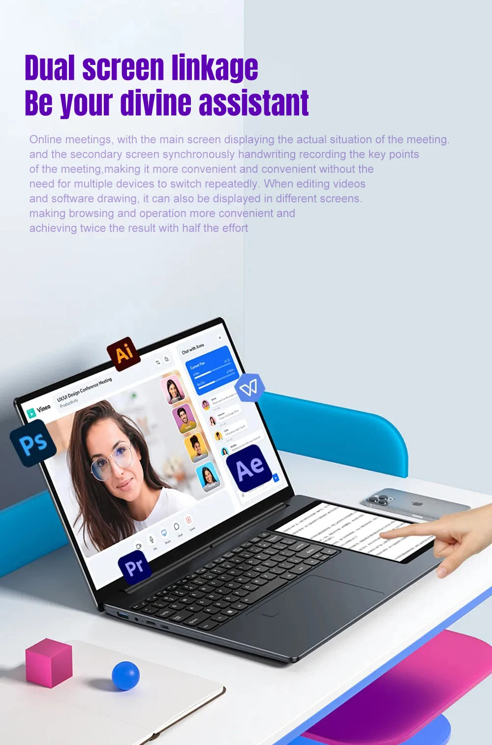 Laptop Dual Screen 15.6" + 7" Touch | Intel N100 | 32GB RAM | 1TB SSD | Tastiera Retroilluminata | Windows 11