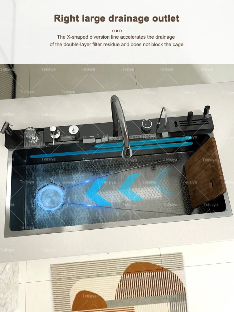 Lavello Cucina Acciaio Inox con Cascata e Display Digitale - Vasca Singola Extra Large Multifunzione