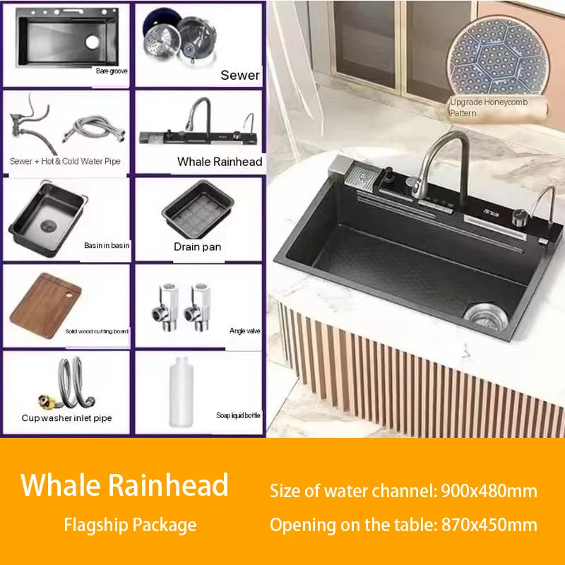 Lavello Cucina Acciaio Inox 304 Nano Black con Rubinetto Digitale a Cascata