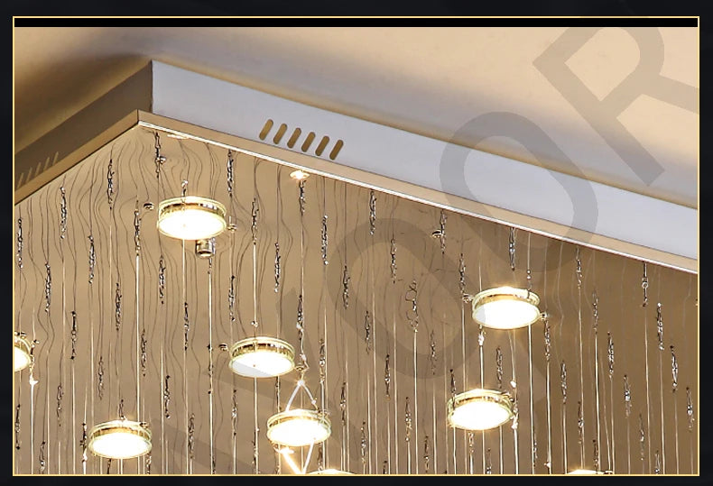 Lampadario Quadrato in Cristallo K9 con Sfere Pendenti LED e Effetto Cascata di Gocce