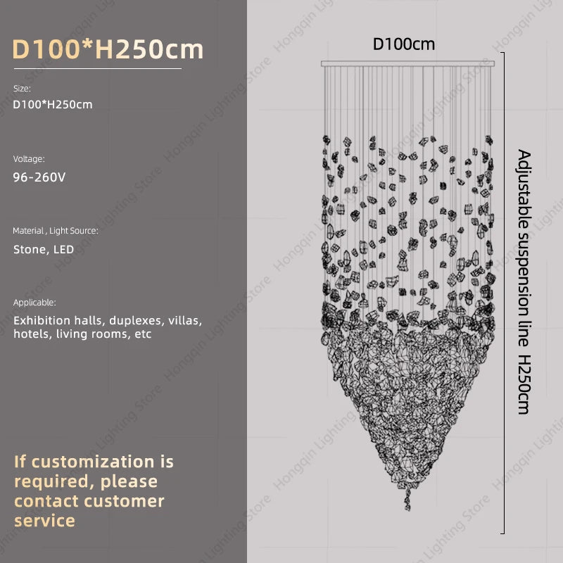 Lampadario Artistico Irregolare con Pietre e Cristalli LED per Hotel, Lobby e Scale - Design Black Art