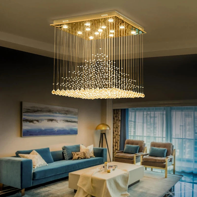Lampadario Quadrato in Cristallo K9 con Sfere Pendenti LED e Effetto Cascata di Gocce