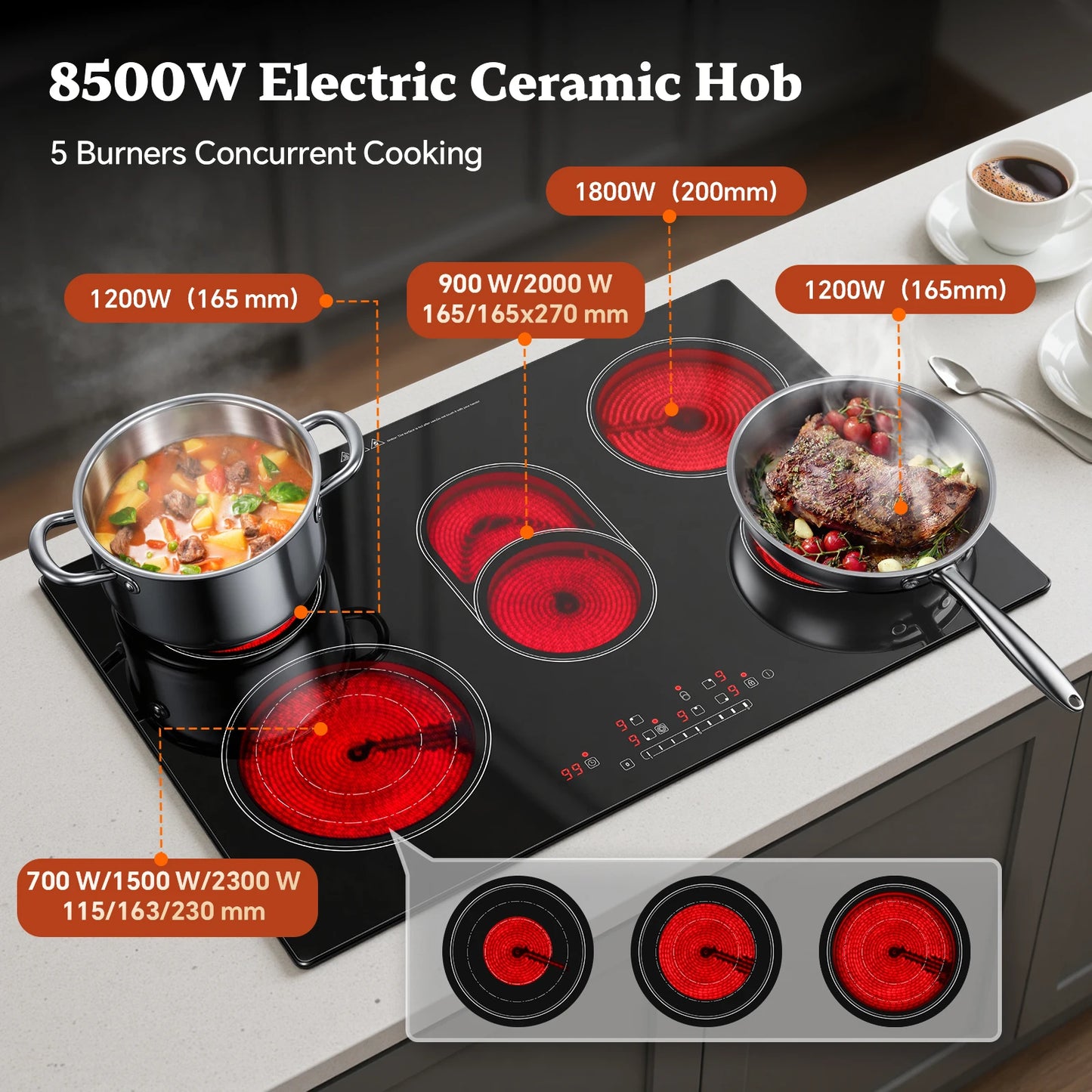 Piano Cottura Elettrico KICHPOWER 77cm 5 Zone in Vetroceramica 8500W con Controllo Touch e Blocco Sicurezza