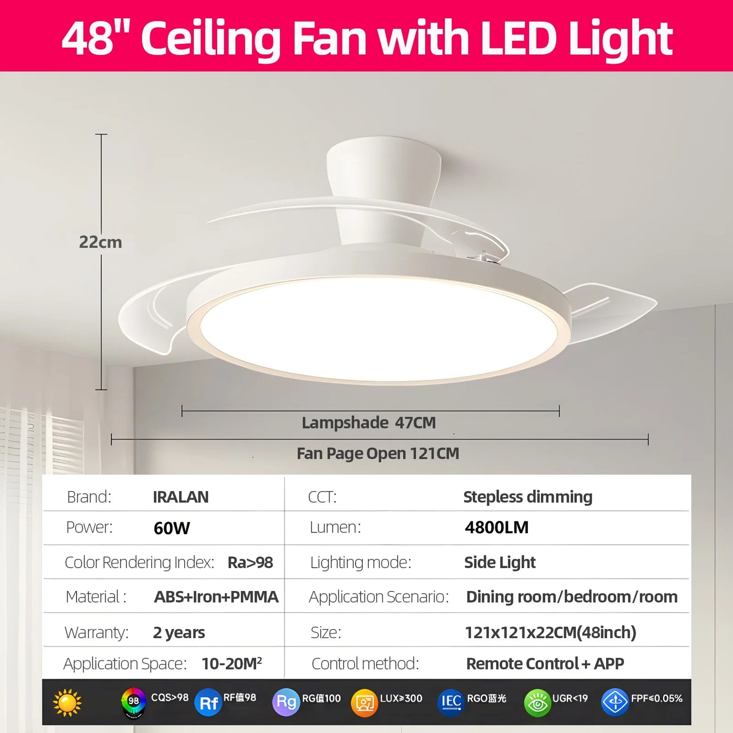 Ventilatore da Soffitto Smart con Pale Retrattili - Luce LED Dimmerabile, Controllo Remoto, Design Moderno per Soggiorno