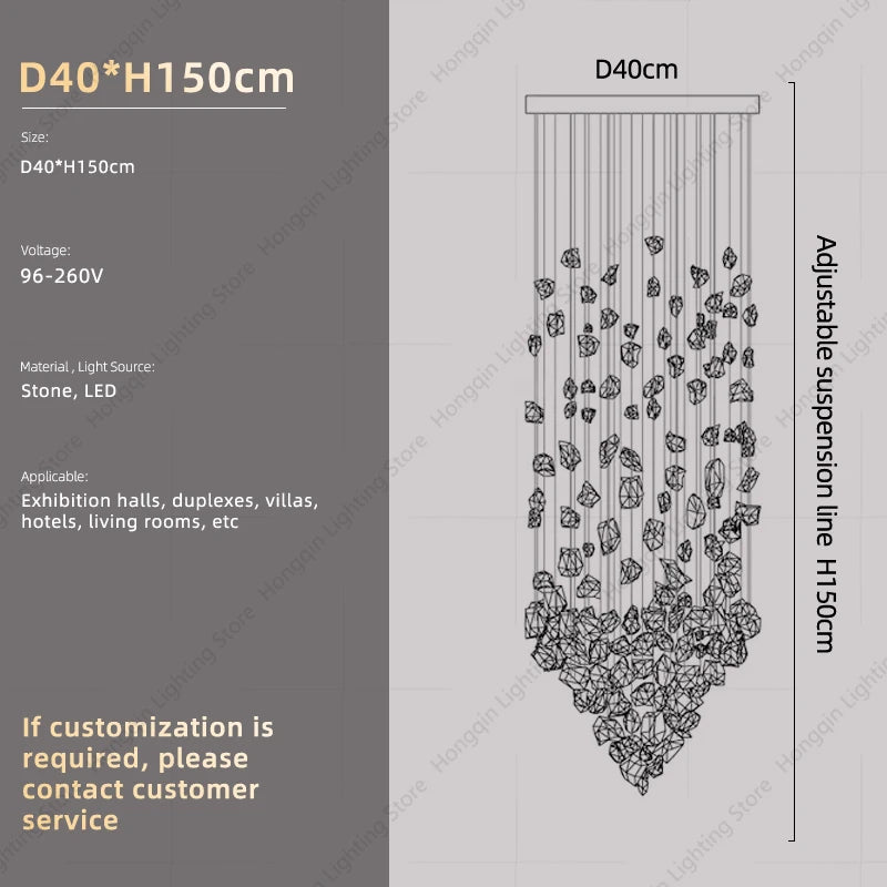 Lampadario Artistico Irregolare con Pietre e Cristalli LED per Hotel, Lobby e Scale - Design Black Art