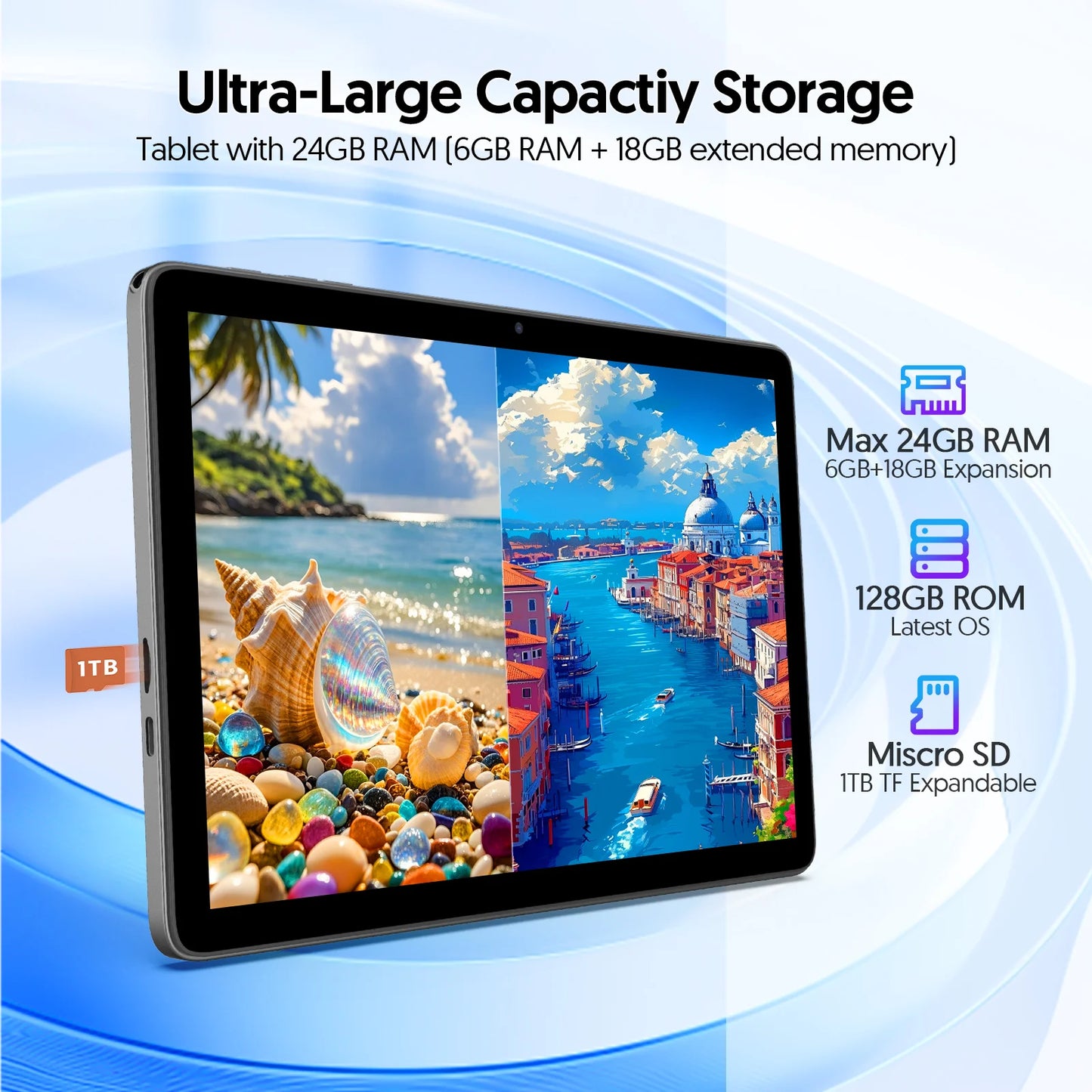 Tablet Android 15 BAKEN 10" - 24GB RAM 128GB ROM, Processore Penta-Core, WiFi 5G, Batteria 8000mAh