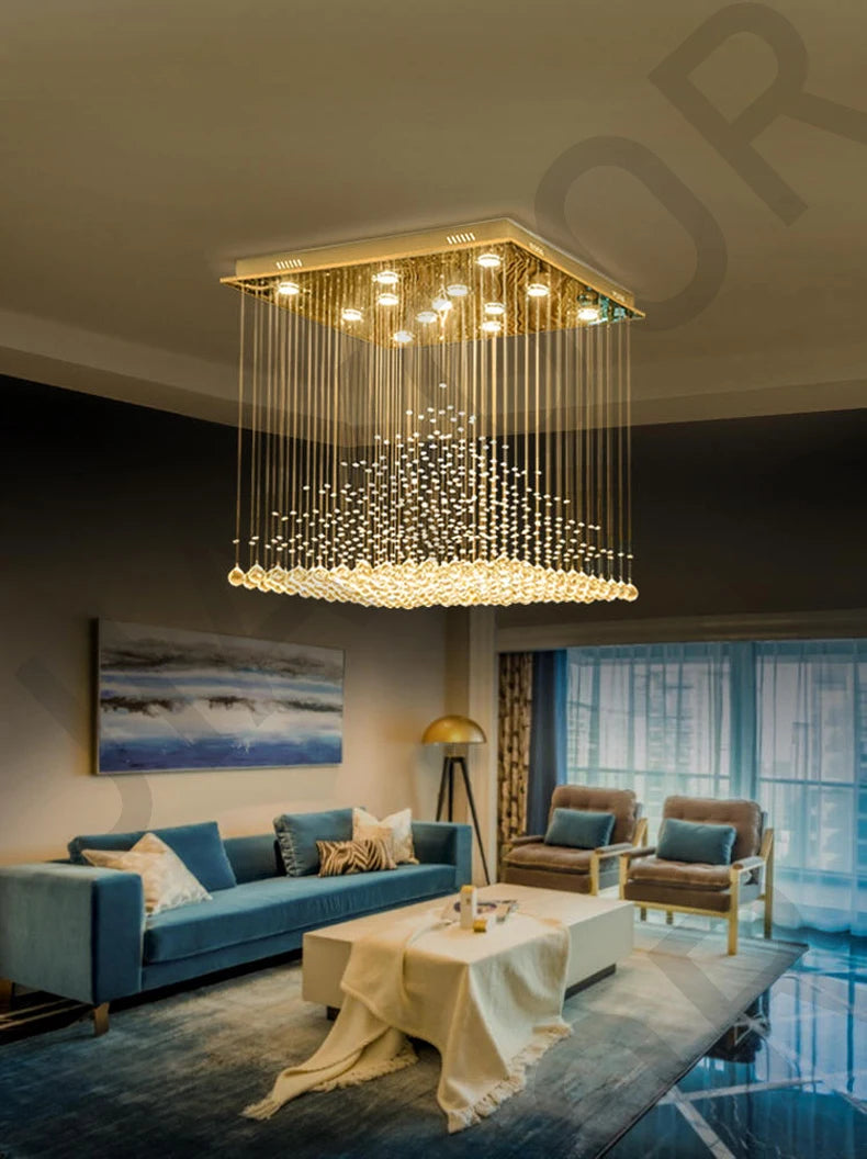 Lampadario Quadrato in Cristallo K9 con Sfere Pendenti LED e Effetto Cascata di Gocce