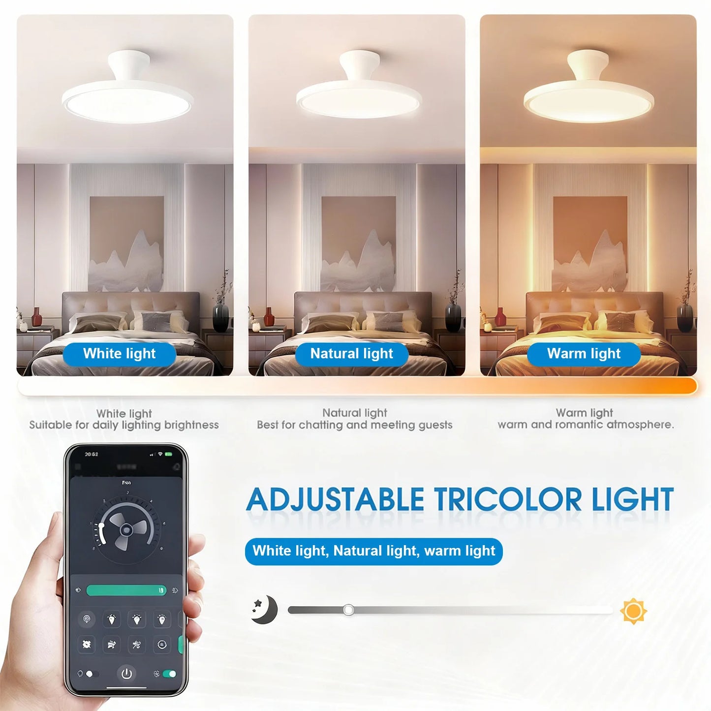 Ventilatore da Soffitto Smart con Pale Retrattili - Luce LED Dimmerabile, Controllo Remoto, Design Moderno per Soggiorno