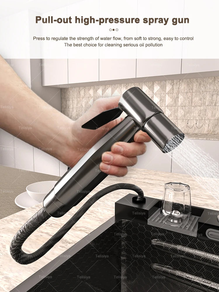 Lavello Cucina Acciaio Inox con Cascata e Display Digitale - Vasca Singola Extra Large Multifunzione