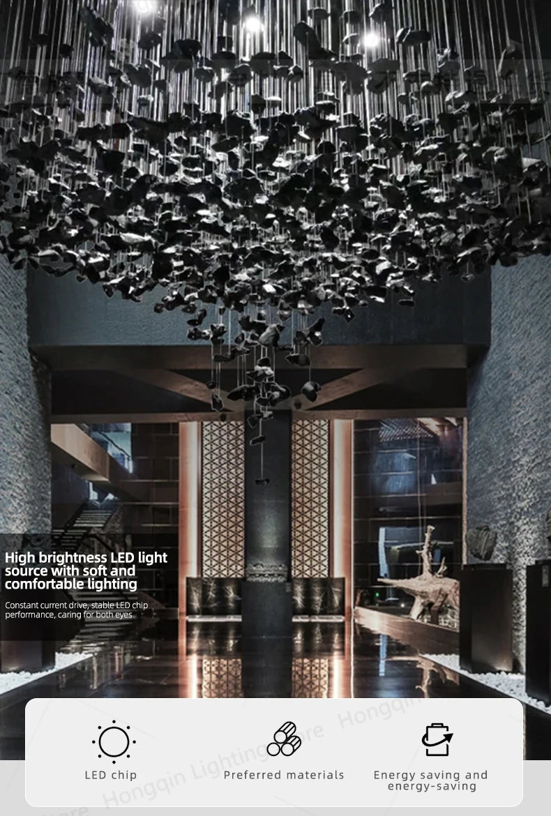 Lampadario Artistico Irregolare con Pietre e Cristalli LED per Hotel, Lobby e Scale - Design Black Art