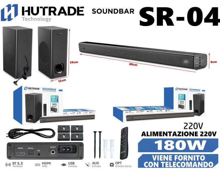 Hutrade SR04 Soundbar 2.1 – 180W, Bluetooth, HDMI, AUX, Ottica, Telecomando Incluso – Audio Potente per TV e Musica